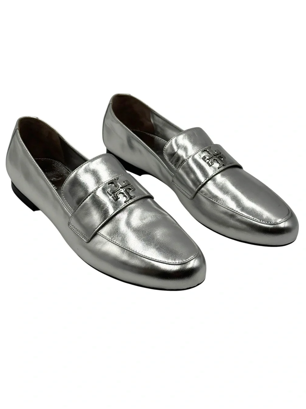 Tory Burch Silver Metallic Mini Everly Leather Loafer Flats Size 10.5